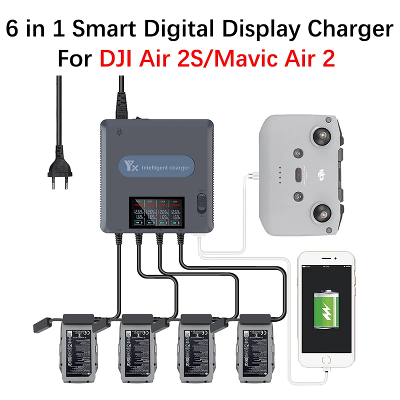 6 in 1 Digital Display Charger for DJI Air 2S/Mavic Air 2 Drone Battery Charging Hub with USB Port Fast Smart Charger Accessory