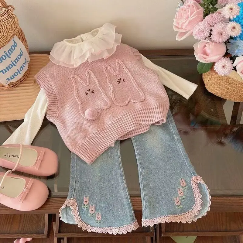 Spring Baby Girls Clothing Set Clothing Outfit Newest Jeans Solid Color Casual Sweater Vest+ T-shirt +denim Pants 3PCS