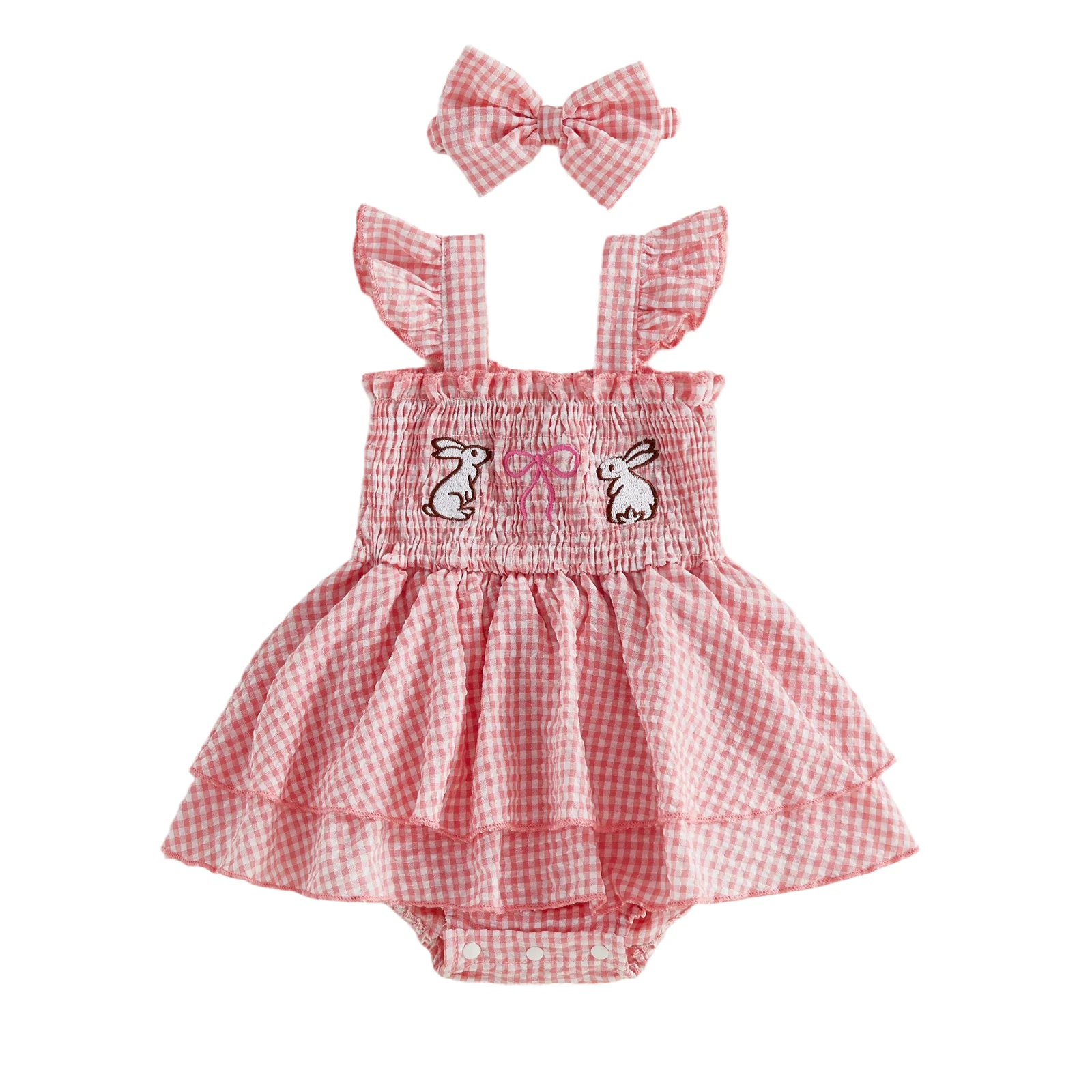 

Пасхальный наряд для маленьких девочек: комбинезон-платье с рукавами-крылышками, клетчатой вышивкой и изображением кролика, с повязкой на голову