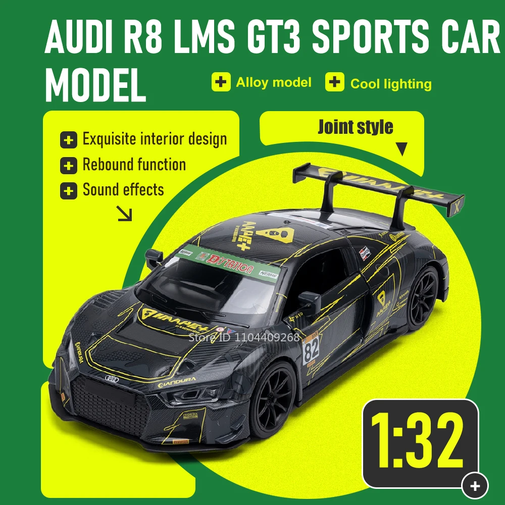 

1:32 Scale Audi R8 LMS GT3 Car Model Toy Alloy Diecast Music Light Supercar Models Pull Back Toys for Kids' Edutainment