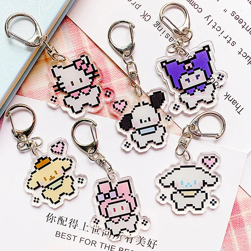 Cute Cartoon Sanrio Anime Hello Kitty Pixel Style Acrylic Keychain Cinnamonroll Pochacco Creative Backpack Hanger Car Decoration