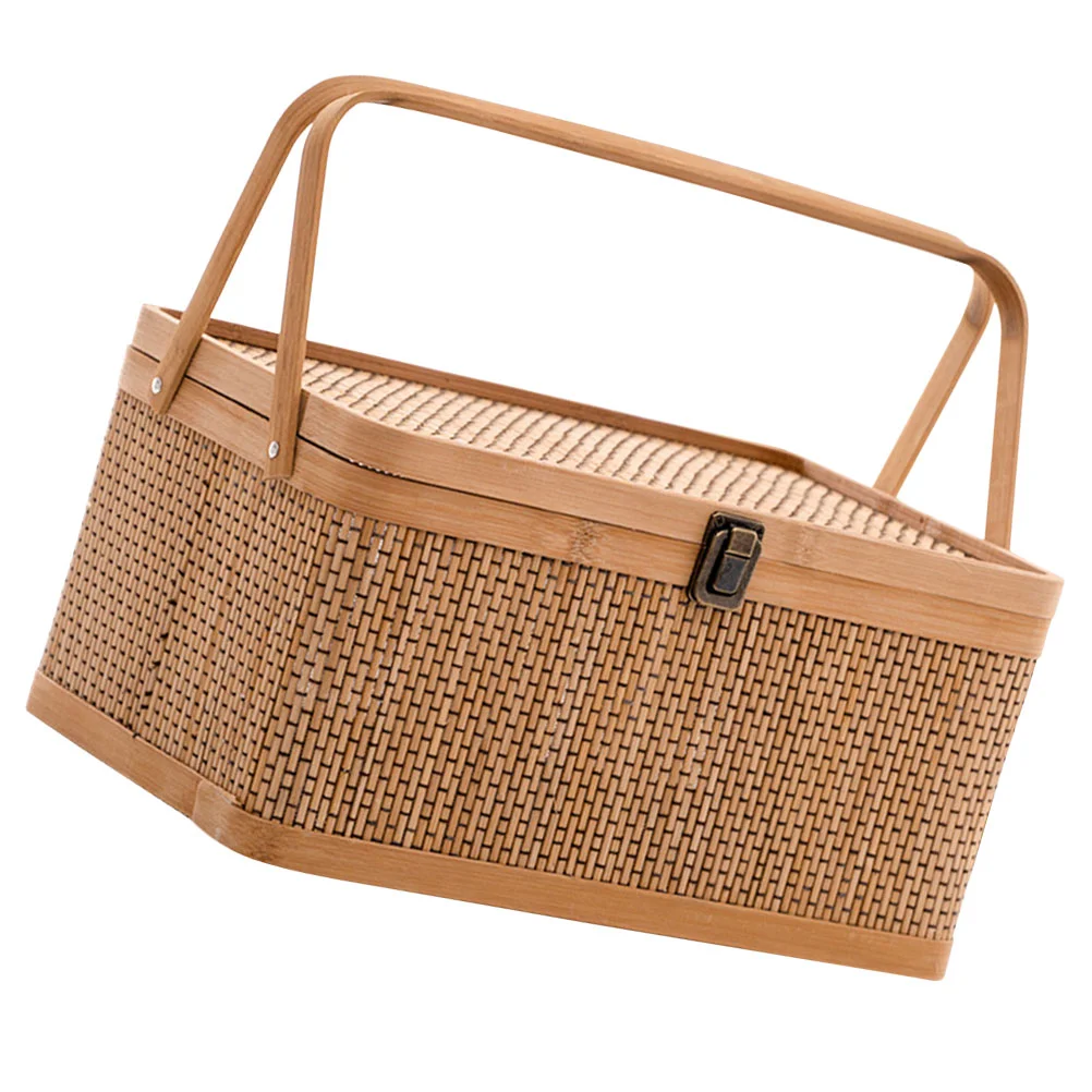 

Egg Storage Basket Harvesting Fruits Picnic with Cover Gift Food Bamboo Woven Weaved Container