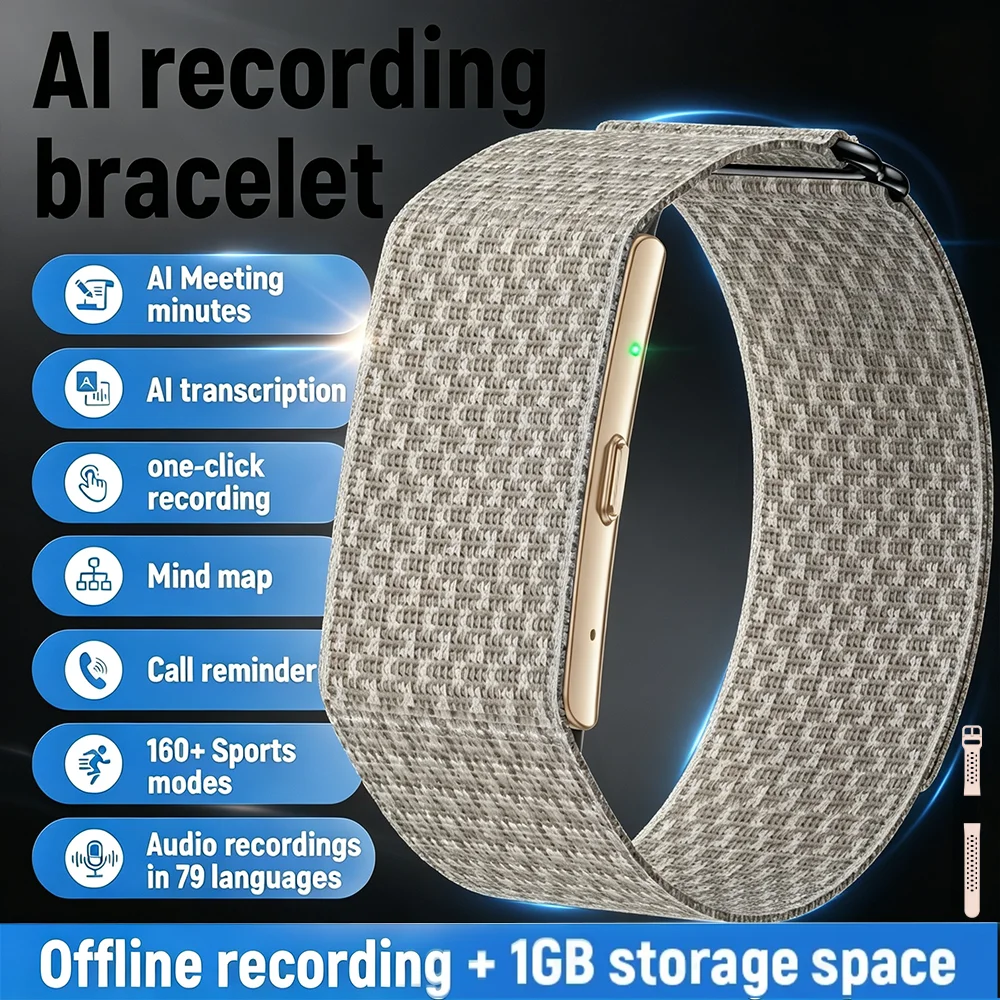 2026 Smart Bracelet AI Recording Meeting Transcription 79 Languages Voice Recorder 1GB Sports Watch HRV SpO2 Sleep Monitor Band