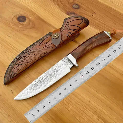 Gerades Messer aus VG10-Damaststahl für den Außenbereich, tragbares und scharfes Obstmesser für Camping in der Wildnis