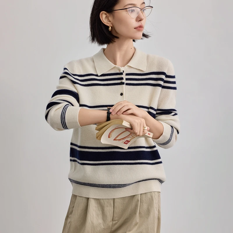 秋冬レディース100％カシミヤセーターポロカラーレトロストライプパーカーソフト快適暖かい高級カシミヤニット服