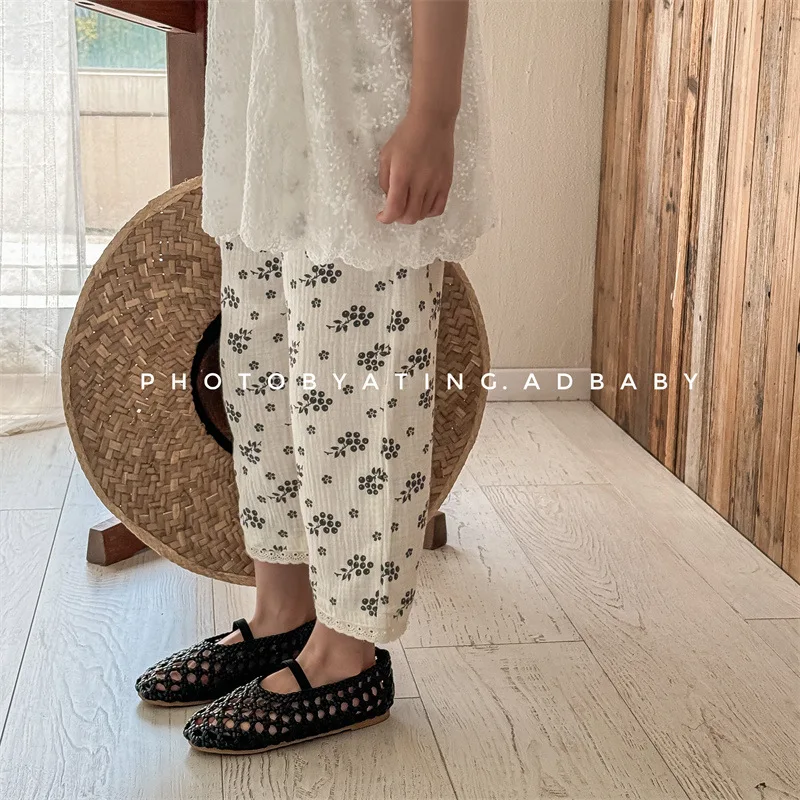 

2024 Summer New Baby Girls Print Pants Cotton Linen Kids Cute Trouser Toddler Clothing Korean Style Children's Clothes 1 To 7 T