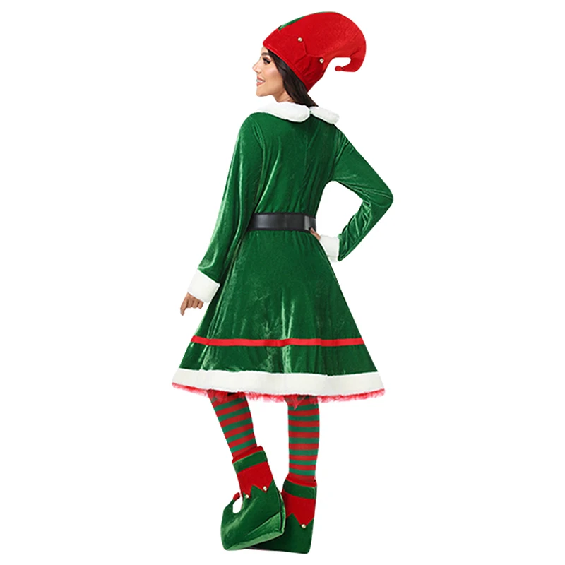 Christmas Elf Costume for Womens Santa Outfit Flannel Maxi Dress Santa Hat Belt Striped Stockings Shoes Set Cosplay Suit