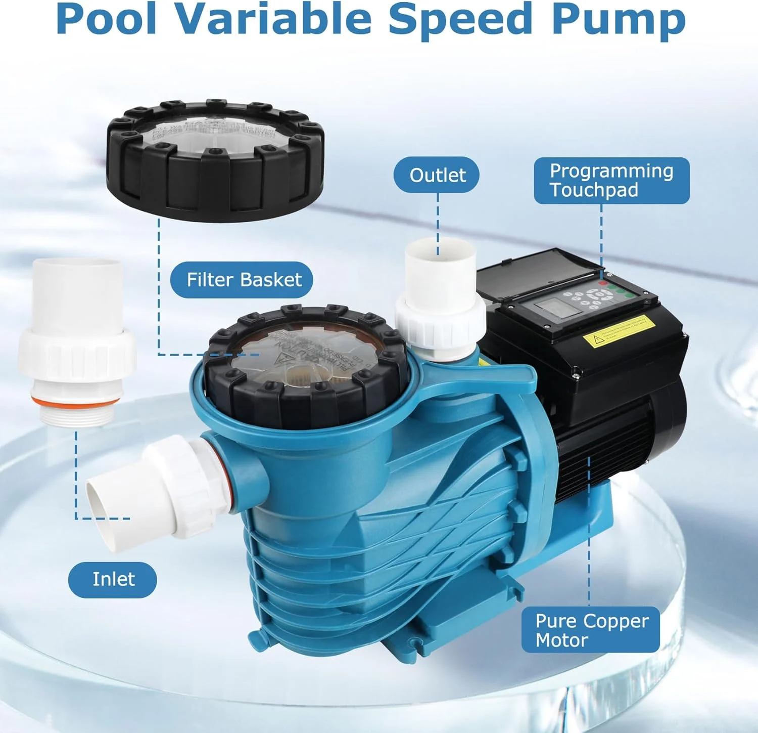 High Performance 1.5hp Variable Speed Pool Water Filter Pump WiFi Controller Timer Function Easy Install Topguy EAKP-150 Pool