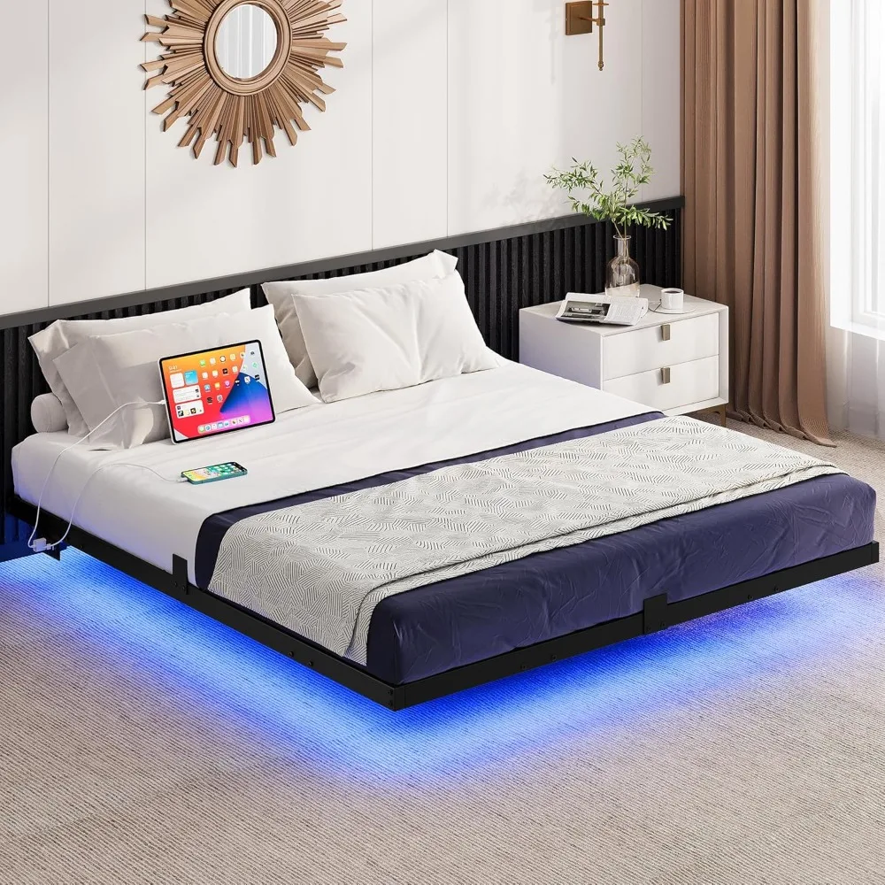 

LED Bed Frame with Charging Station, Metal Platform Bed with Heavy Duty Steel Slats, No Box Spring Needed, Easy Assembly