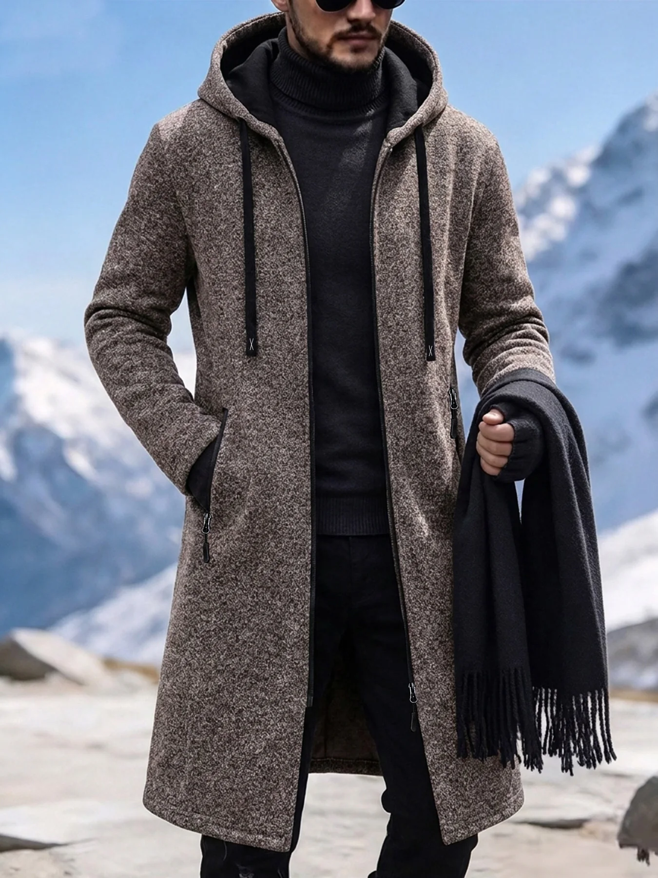Mens Full Zip Long Hoodie Coat Drawstring Hood Zipper Side Pockets Relaxed Fit Casual Long Outerwear