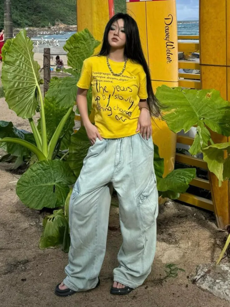 Y2K Yellow T-Shirt Short Sleeve Cotton Letter Print  Streetwear Casual Short Sleeve Tops Slim Fit Sweet & Sexy Dopamine Clothes