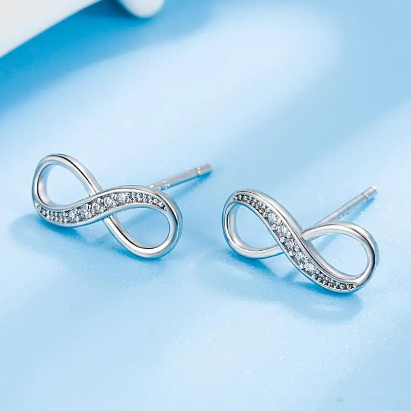 Authentic 925 Sterling Silver Shining Infinity Symbol Stud Earrings for Women Simple Geometric Earrings Fine Jewelry Gift BSE543