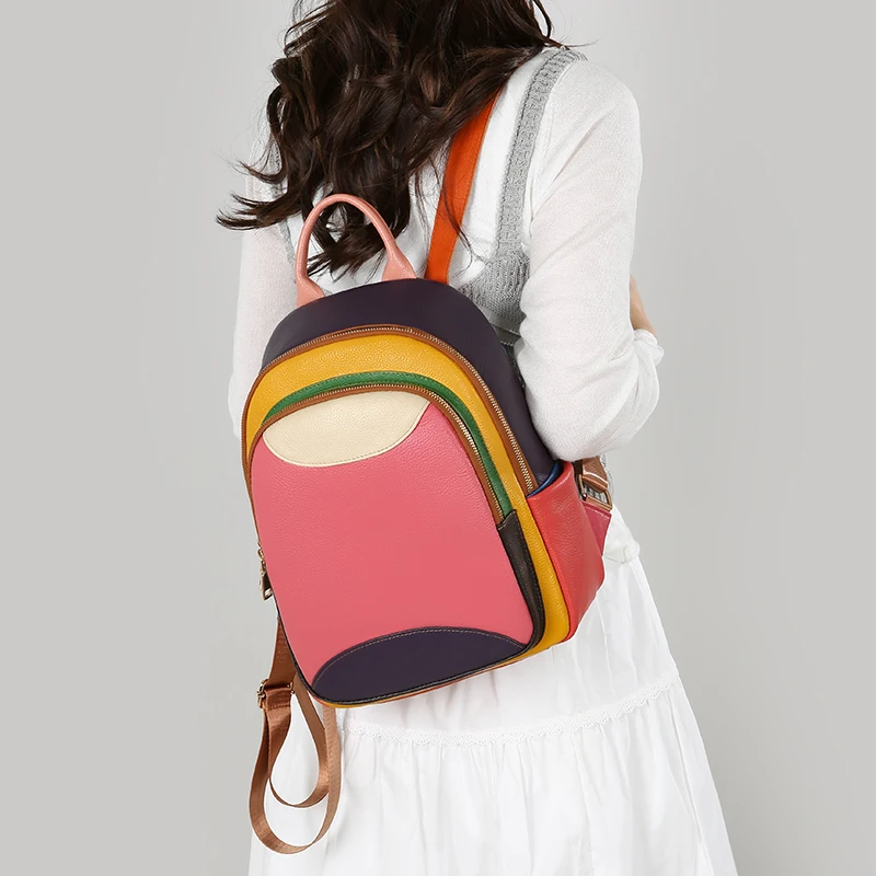 2026 Fashionable Colorful Genuine Leather Patchwork Backpack Women's Niche Design Rucksack Large Capacity Shoulder Bag Knapsack