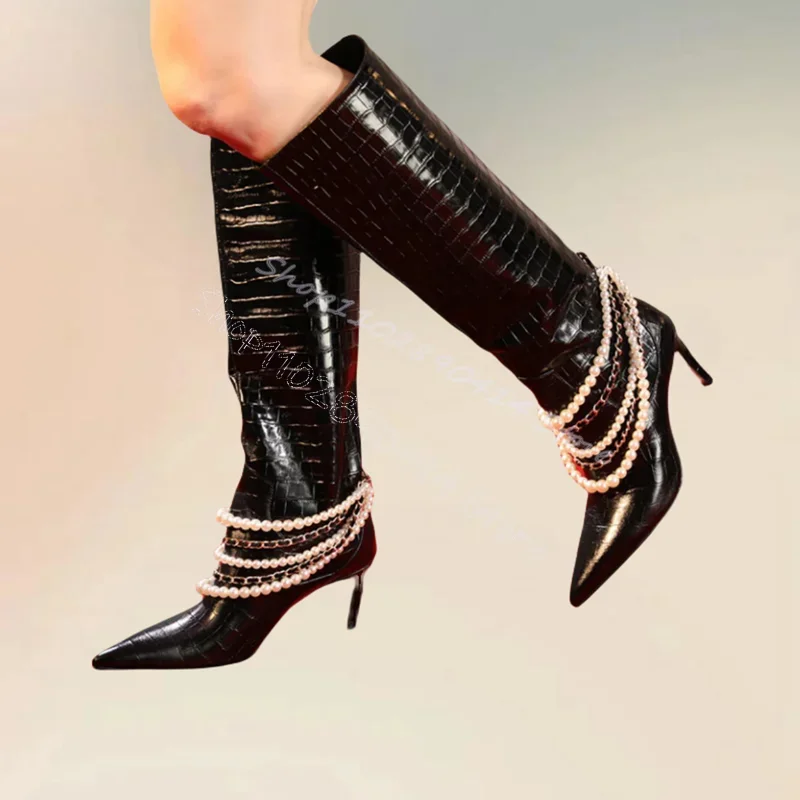 

Pearl Chain Black Alligator Print Pointed Toe Boots Slip On Women Shoes Thin High Heels Fashion Party 2024 Zapatos Para Mujere