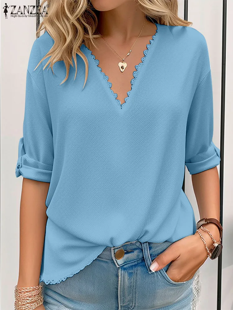 ZANZEA informal-Blusa de manga larga con encaje para mujer, camisa elegante de Color liso con cuello en V para fiesta, verano, 2024