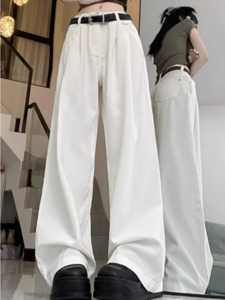 Jeans Women Pleated Chic Loose Wide Leg Pants Solid Minimalist High Waist Casual College Fashion Soft Ins Korean Style Ulzzang