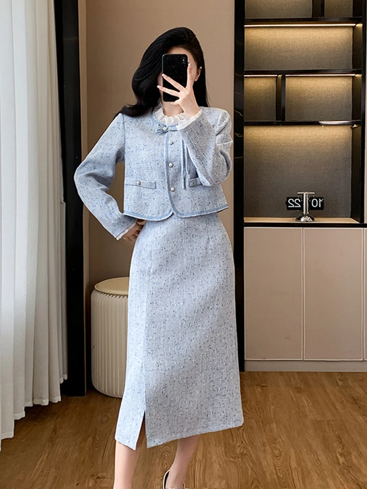 Autumn Elegant OL Blue Tweed Dress Two Piece Set Women Ruffles Patchwork Crop Top Jacket Coat + High Waist Mid Skirt Suits