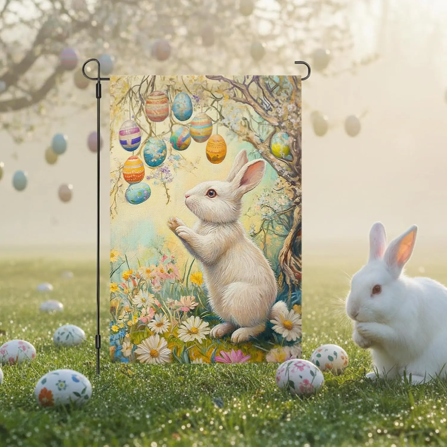 AMZFLAG Easter Bunny Garden Flag 12X18 Inch Double Sided Burlap Rabbit Cute Easter Garden Flags for Outside Vivid Color Eggs ZZM