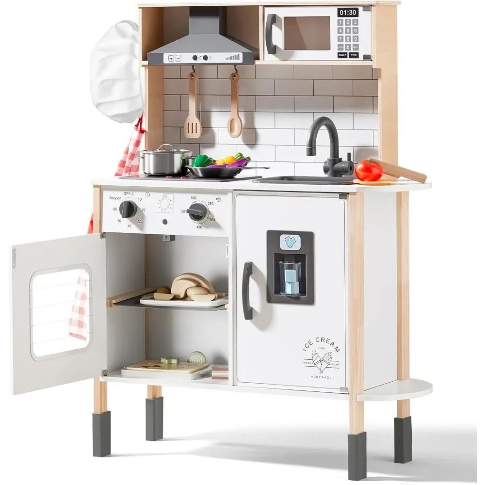 Tiny Land Play Kitchen for Kids, Wooden Kids Play Kitchen Playset Chef Pretend Play Set for Toddlers with Real Lights & Sounds