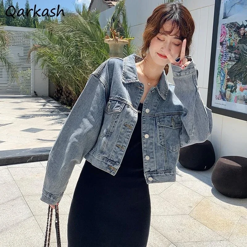 

Denim Jackets Women Basic Pockets Vintage Cropped All-match Simple Streetwear Turn Down Collar Stylish Classic Preppy Popular