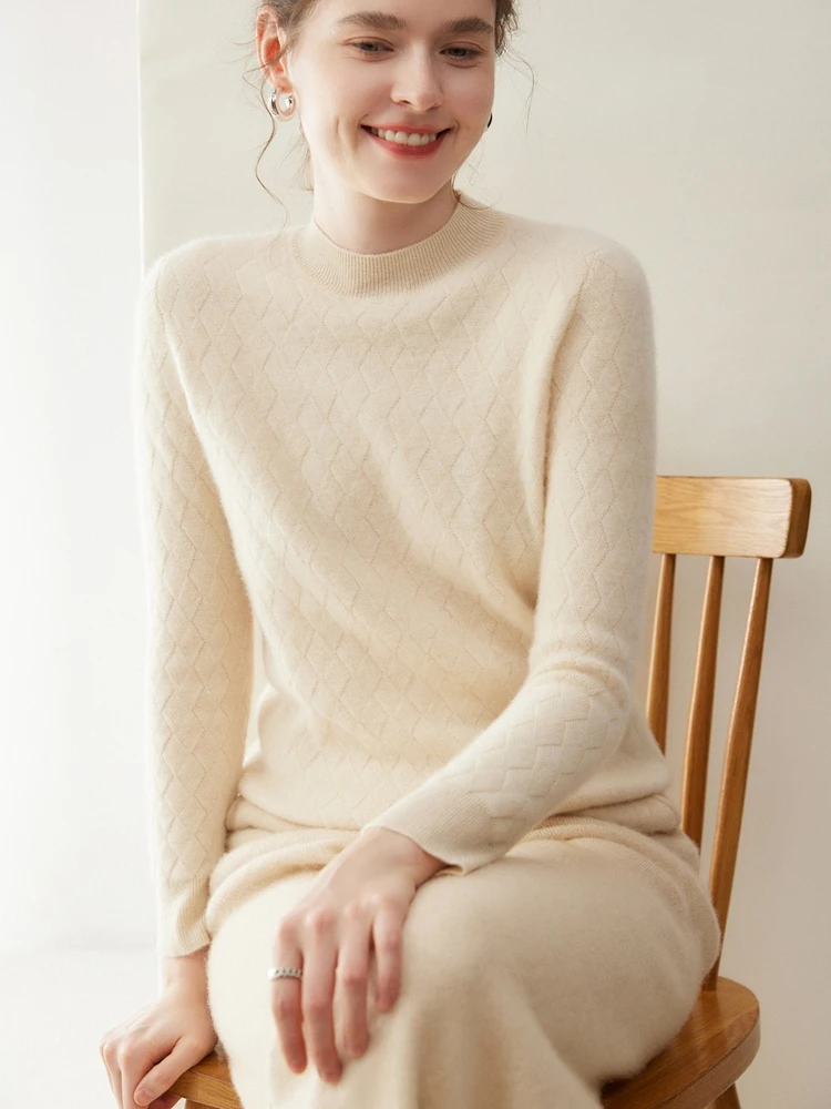 

Свитер с ромбовидным узором, женский мягкий теплый трикотаж из 100% кашемира, осень-зима, высококачественный пуловер с воротником-стойкой, топы Grace