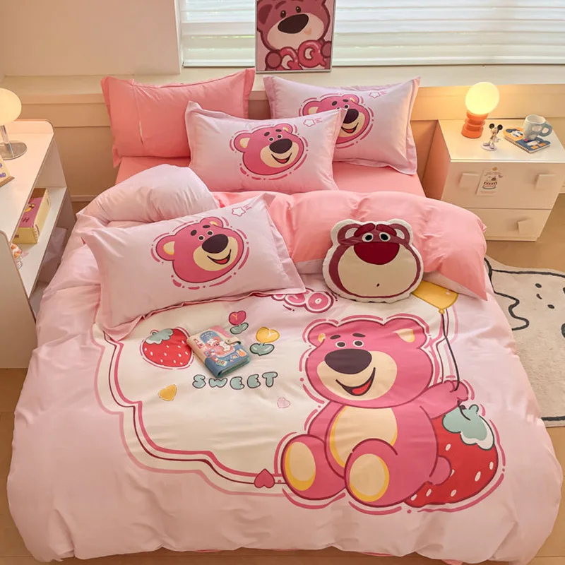 Cute Strawberry Bear Mouse Bed Sheet Set Kawaii Anime Multi Style Pure Cotton Children Adult Home Bedding Set Birthday Gift