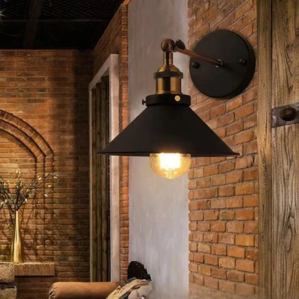 American  retro industrial style wall lamp iron bedside staircase iron small black umbrella wall lamp