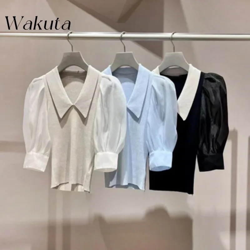 WAKUTA Japanese Style Elegant Half Sleeved Solid Knitted Sweater Autumn Fashion Slim Fit Chiffon Bubble Sleeve Pullovers Свитер