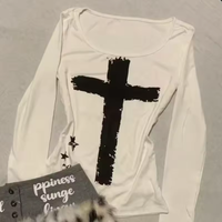 2000s Y2k Subculture Cross Print Women Round Neck Slim Tshirt Goes with everything Aesthetics Gothic Long sleeved Top Streetwear