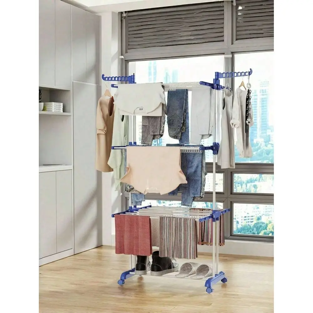 

Tendederos De Ropa Plegable3Tier Adjustable Rolling Clothes Drying Rack, Heavy Duty With Foldable Bar, Large Rotatable Laundry R