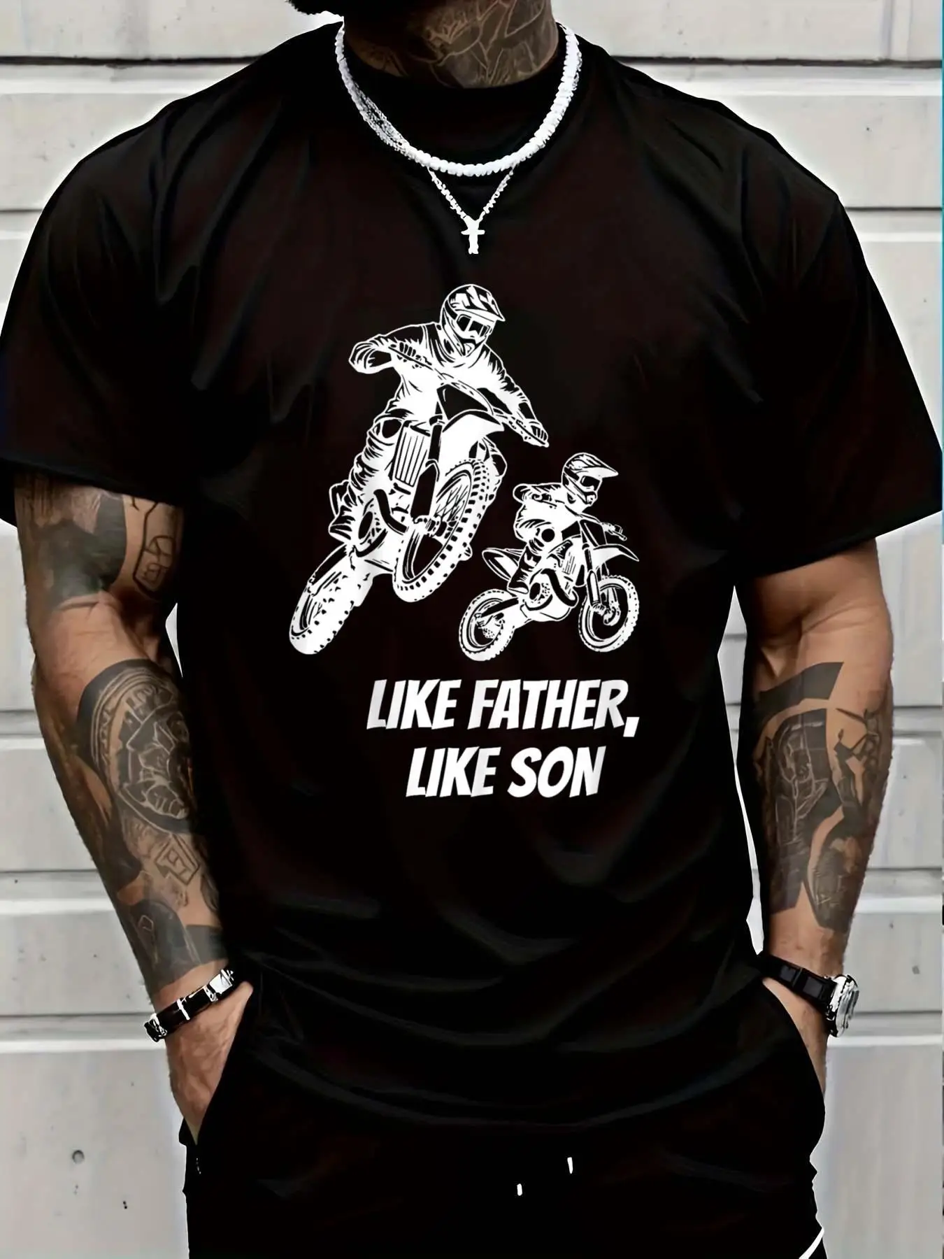 

Men's "Like Father Like Son" Motocross Graphic Short Sleeve T-Shirt Summer Soft Cotton Round Neck Black Motocross Design