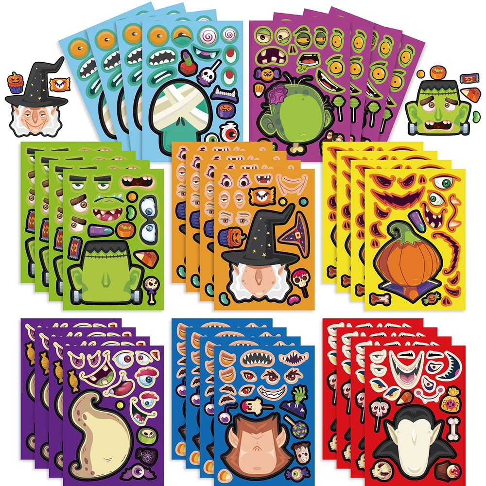 

8/16Sheets Horror Halloween Puzzle Stickers for Kids Vampire Pumpkin Witch Cartoon Make a Face Assemble Jigsaw Decals Toys Gift