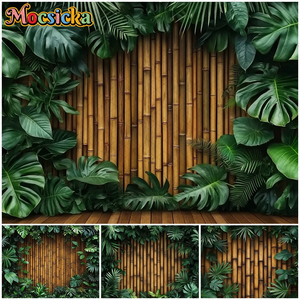 

Mocsicka Bamboo Wall Photography Background Spring Kid Baby Birthday Party Backdrop Green Leaf Pattern Decor Props Studio Banner