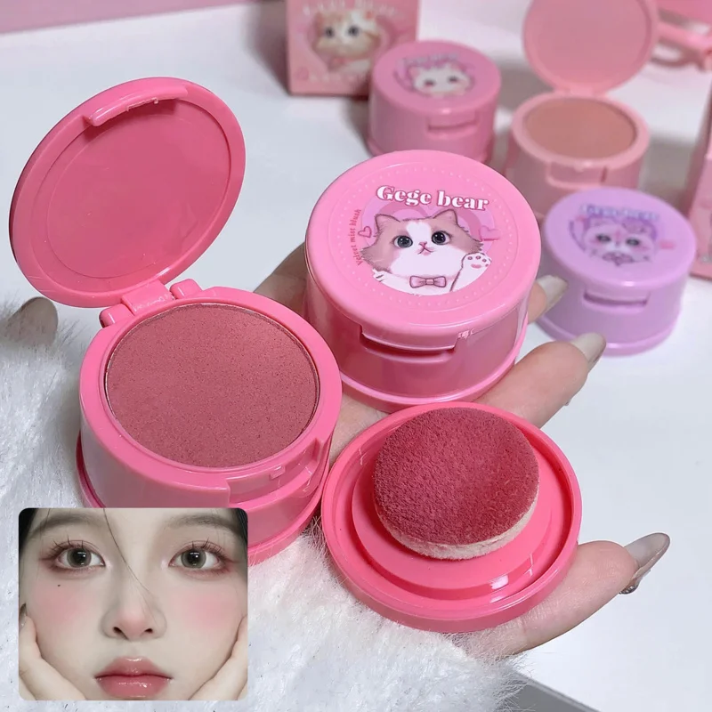 Strawberry Pink Face Blusher Matte Natural Cheek Tint Brightening Cosmetics Hachimi Cat Girl's Beauty Makeup Sponge Blush Mud