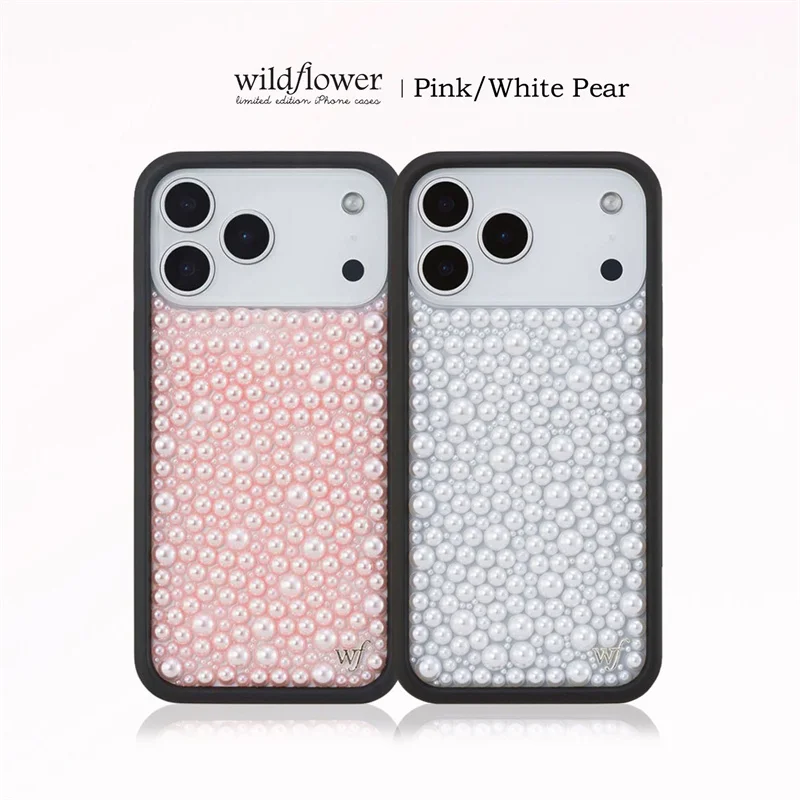 Luxuriöse 3D-Handyhülle mit pinken und weißen Perlen, funkelnden Wildblumen und Strass-Glitzer für iPhone 13 14 15 16 17 Pro Max ﻿ ﻿ ﻿ ﻿