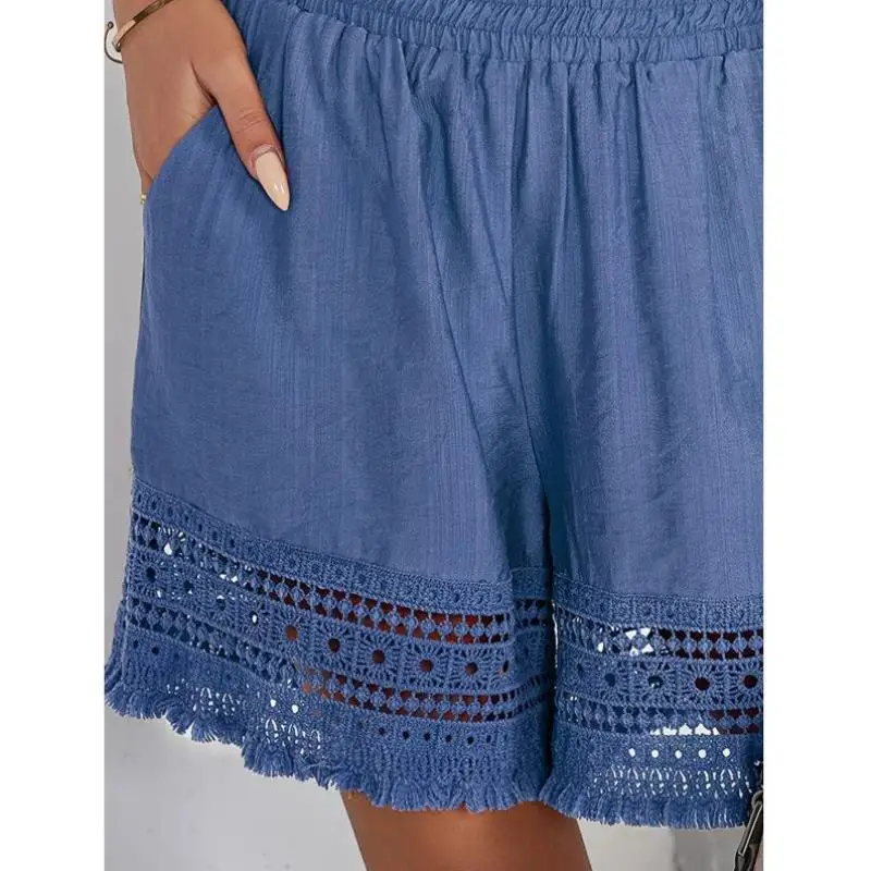 Women's n Pure Color Lace Hollow out Tassel ket orts Cross-Border New Sle Casual Pants Mid-Low Waist PVC Material