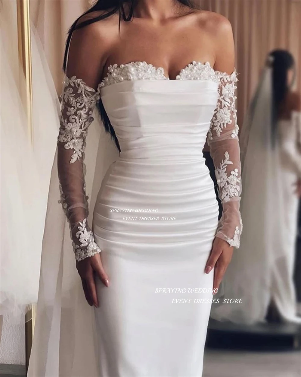 SPRAYING Elegant Strapless Mermaid Wedding Dress Saudi Arabia Long Lace Sleeve Soft Satin Bridal Gown With Detachable Skirt Hem