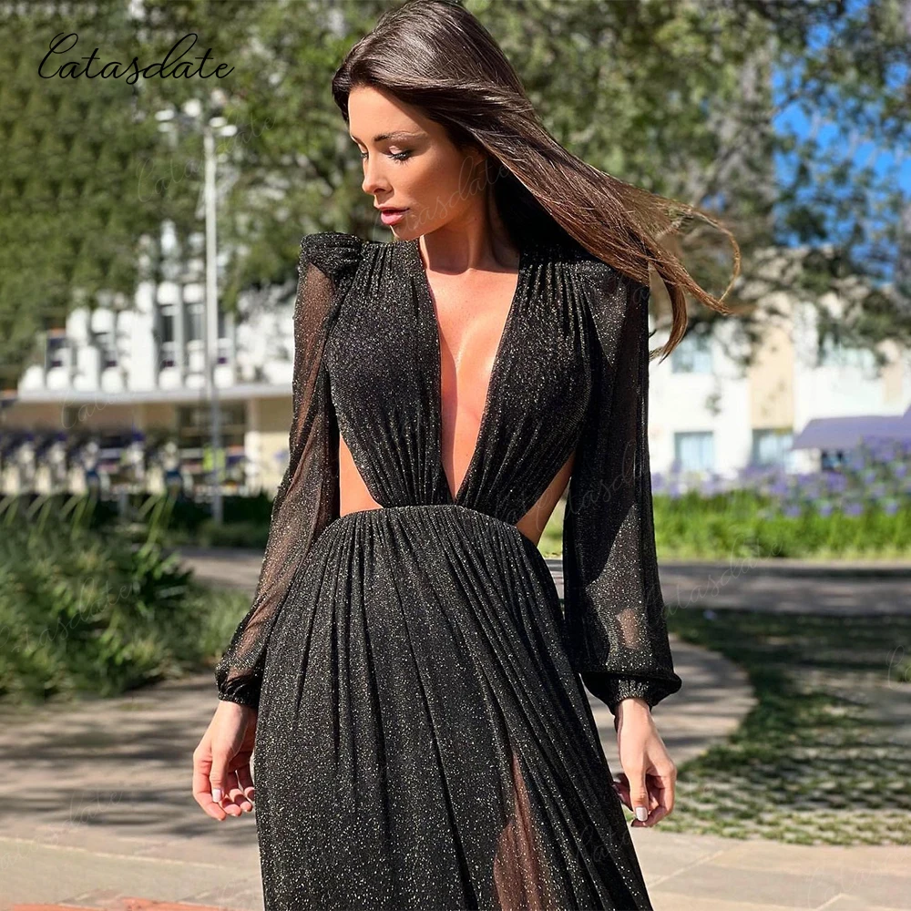 Catasdate Long Sleeves Evening Party Dresses Sexy V Neck Wedding Ceremony Dresses  for Women Elegant Dresses for Special Events