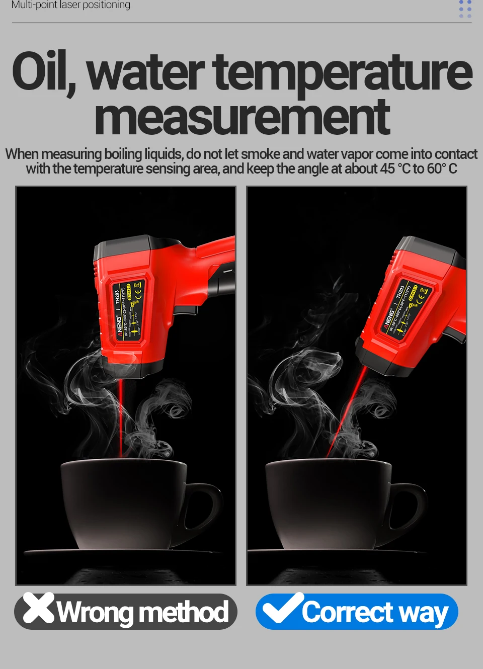 ANENG TH203 Smart Industrial Infrared Thermometer -50~600℃ Temperature Gun VA Reverse Color Screen Tester Meter Pyrometer Tools