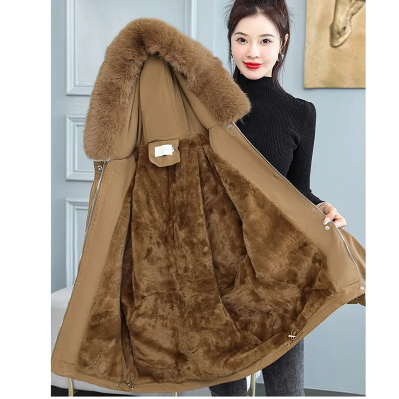 UHYTGF Winter Coat For Women Fur Collar Hooded Cold Proof Warm Parkers Cotton Jacket Female Plush Thick Girl Short Overcoat 2390