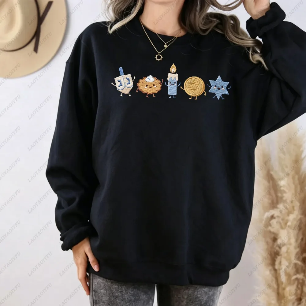 Cute Hanukkah Cartoon Characters Print Women Crewneck Sweatshirt Dreidel Cookie Gelt Candle Long Sleeve Winter Fashion Pullover