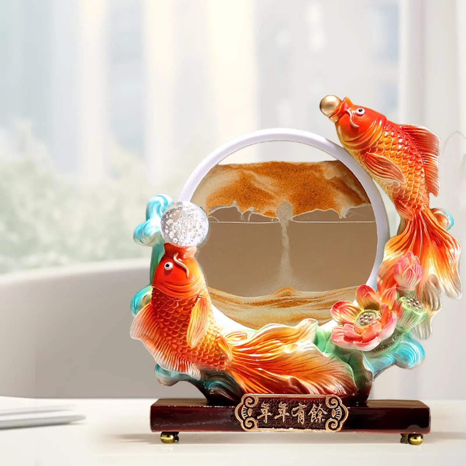 Carp Statue Orange Sand Home Decoration Hourglass Carp Sculpture Resin Dynamic Sand Picture Ornament for Desktop Bookshelves Bar