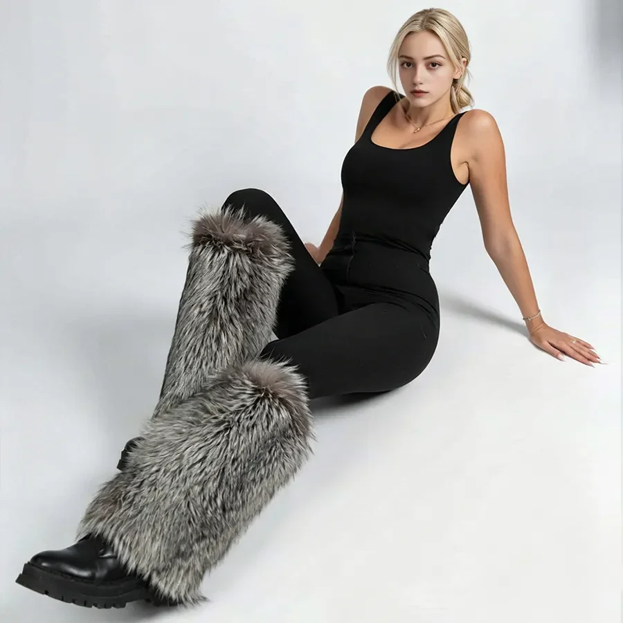 Real Silver Fox Fur Leg Warmers Hot Girl Winter Warm Furry Boots Cover Japanese Style Lolita Boots Y2K New Natural Fur Accessory