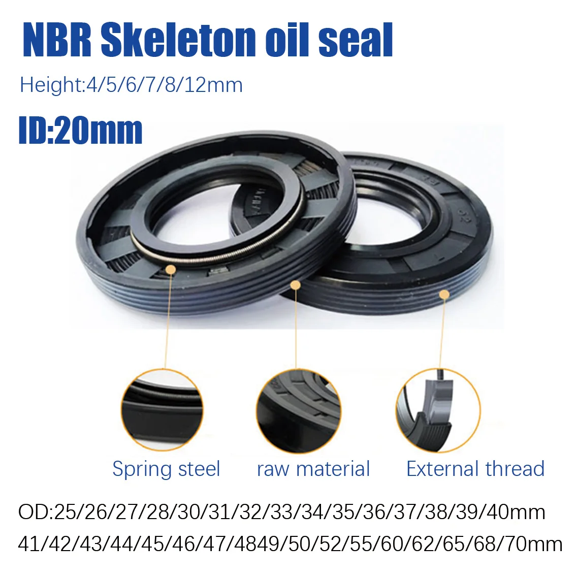 10/5Pcs ID 20mm TC/TG NBR Skeleton Oil Seal OD 25/26/27/28/30/31/32/33/34/35/36/37/38-70mm Height 4-12mmNitrile Rubber Oil Seal