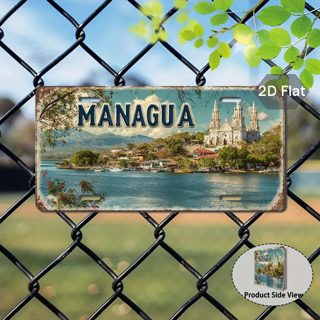 2D Flat Printing, 1pc, Vintage sign, only for decoration, Exterior Accessories (29.97cm x 14.99cm), Managua City Sign, Nicaragua