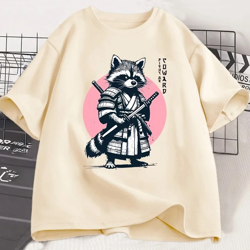 Fight Me Coward Vintage Samurai Raccoon T Shirt Japanese Cat Funny Graphic T-shirt Short Sleeve O Neck Tees Women Clothing Y2K