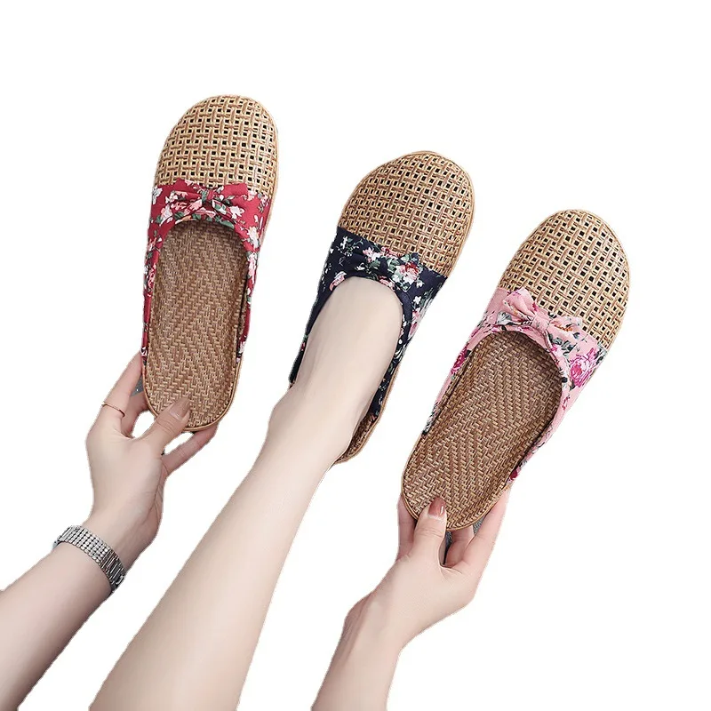 Summer Shose Women Slippers Beach Flip Flops Breathable Linen Flat Slippers Female Casual Flax Bow Ladies Slippers Sandals Shoes