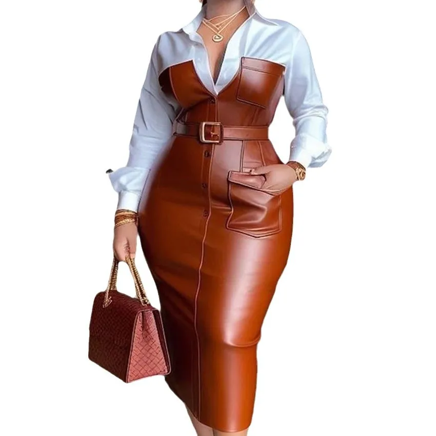 แฟชั่นอเมริกันยุโรปผู้หญิง Turn-Down COLLAR PU หนัง SASH Contrast สีแขนยาวข้อเท้าความยาวเสื้อชุดหญิง