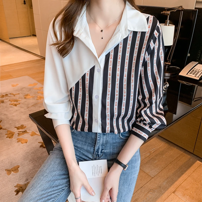 

Autumn New Fashion Turn-down Collar Striped Chiffon Shirts Women Vintage Single Breasted Blouse Loose Casual Commute Tops