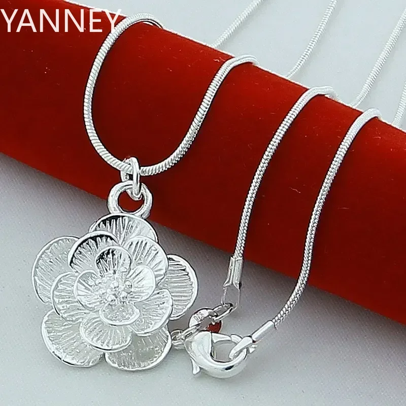

New 925 Sterling Silver Rose Flower Pendant Necklace 18/20-24/26/30 Inch Snake Chain For Women Wedding Engagement Jewelry
